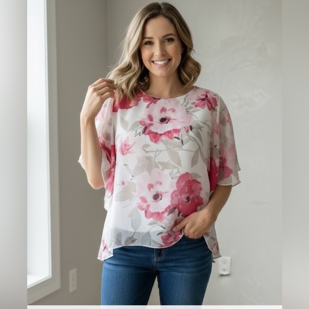 🌸Laura's Floral Short Sleeve Top, Loose Fit, Elegant & Stylish Sz XS